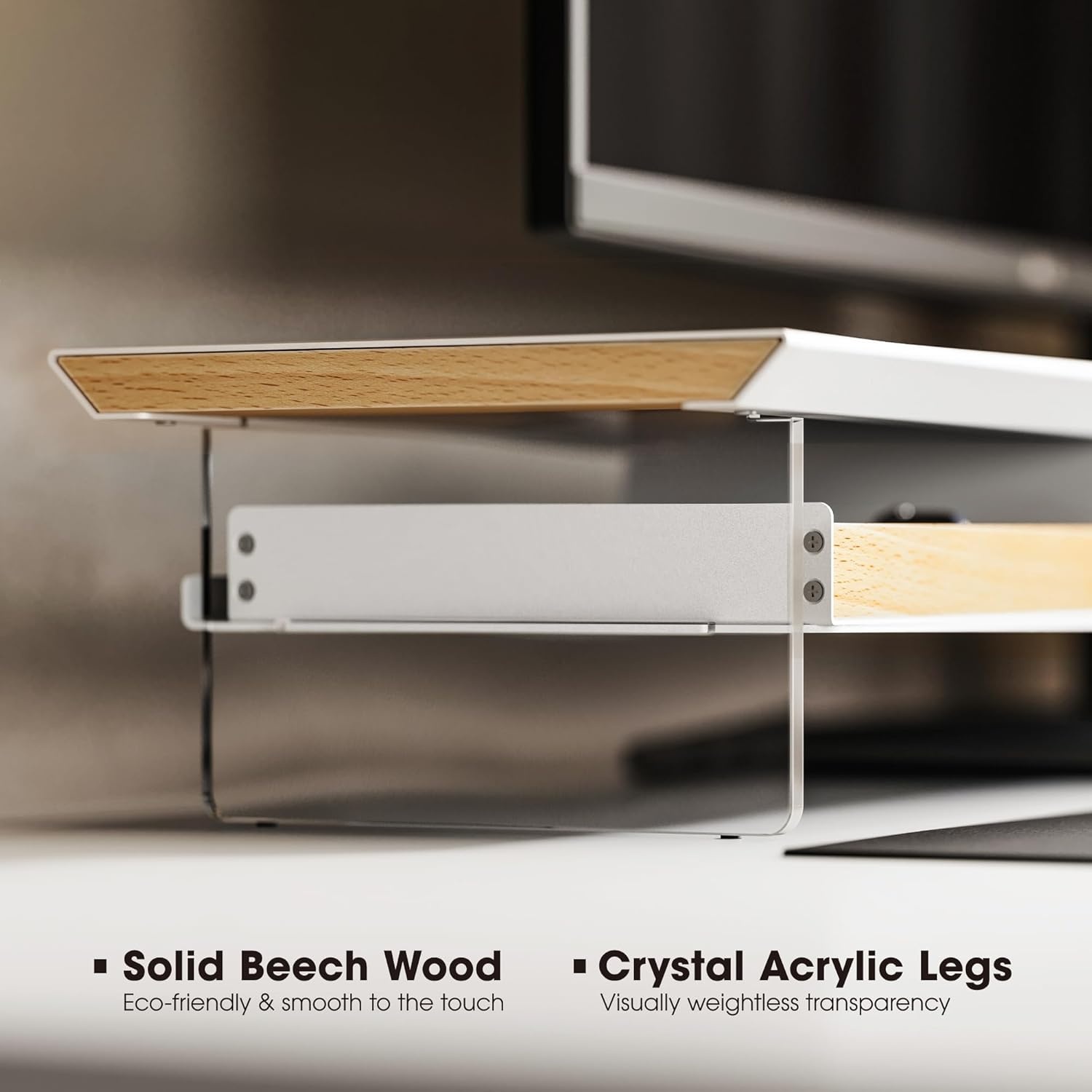 image:imageFenge 425 Dual Monitor Stand Riser with 2 FeltLined Drawers Aesthetic Metal and Wood Monitor Shelf with Acrylic Legs 2Tier Desk Organizer for 2 Monitors Laptop Printer TV WhiteWhite