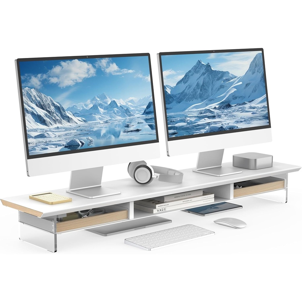 image:imageFenge 425 Dual Monitor Stand Riser with 2 FeltLined Drawers Aesthetic Metal and Wood Monitor Shelf with Acrylic Legs 2Tier Desk Organizer for 2 Monitors Laptop Printer TV WhiteWhite