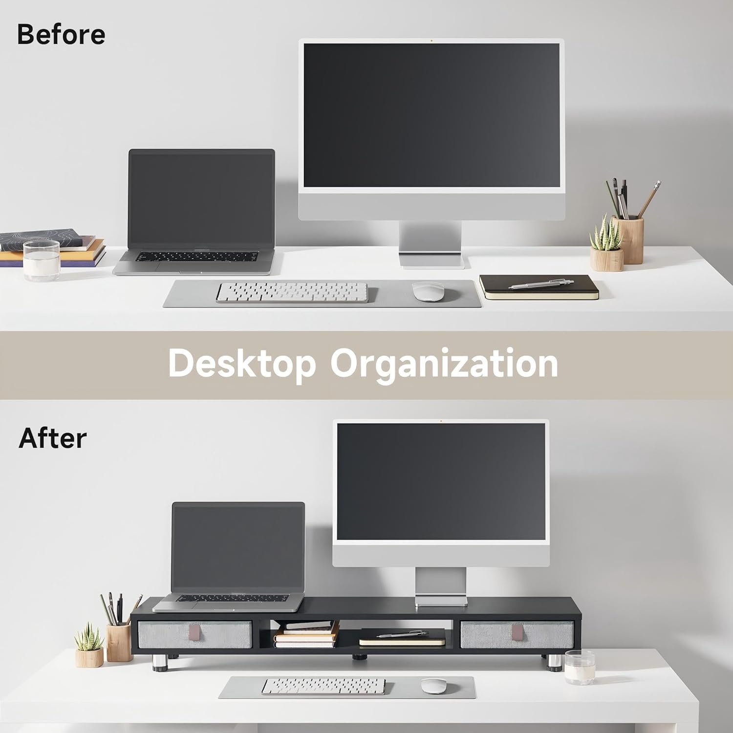 image:imageFenge Monitor Stand Dual Monitor Stand with 2 Drawers Monitor Riser for 2 Monitors Adjustable Height Computer Stand Office Monitor Stands for Desk Laptop PC TV PrinterBlack