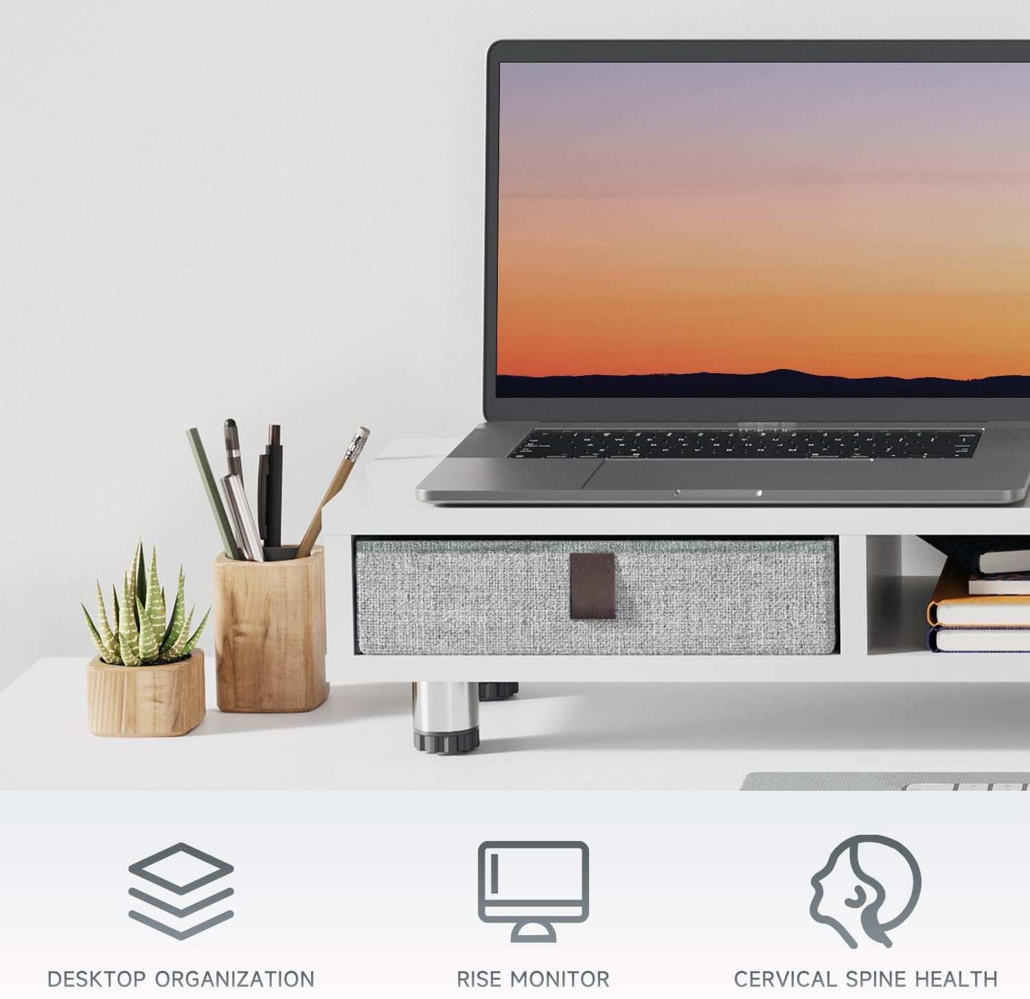 image:imageFenge Monitor Stand Dual Monitor Stand with 2 Drawers Monitor Riser for 2 Monitors Adjustable Height Computer Stand Office Monitor Stands for Desk Laptop PC TV PrinterWhite