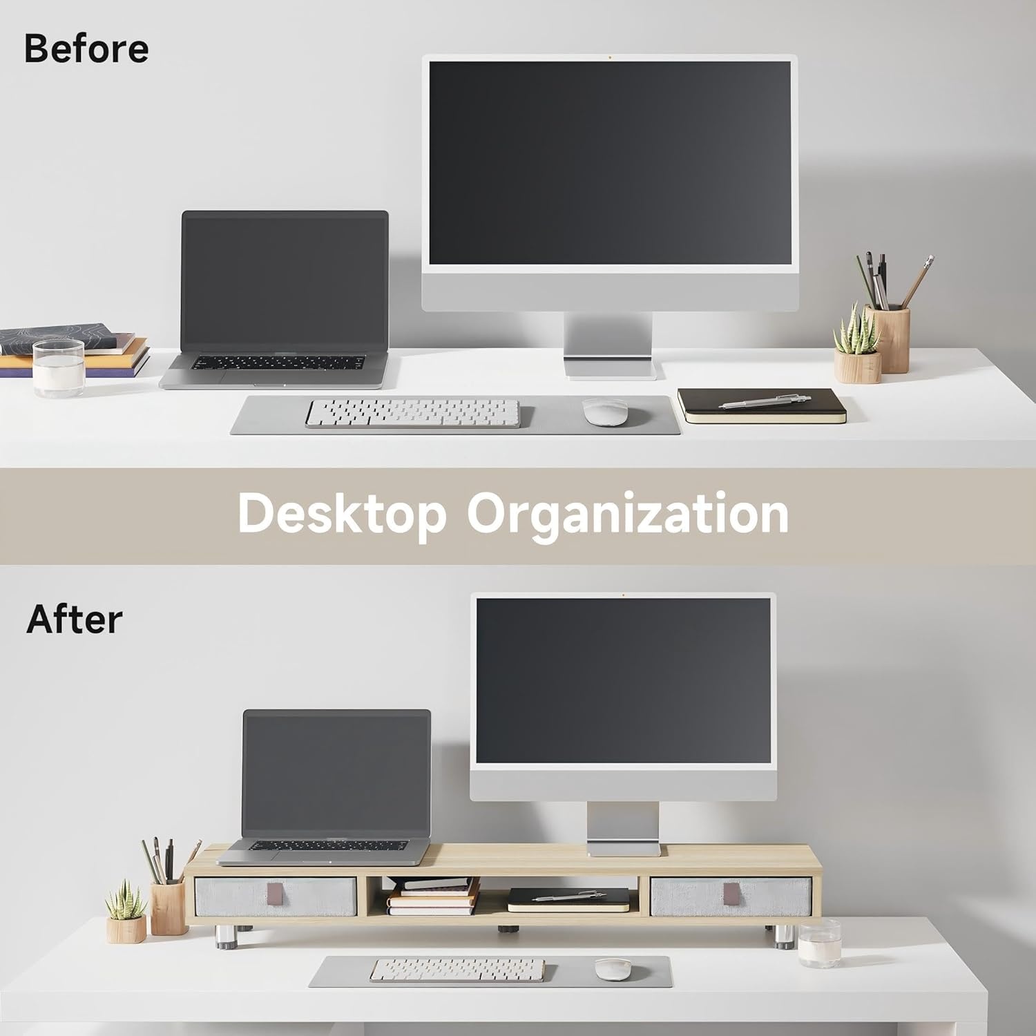 image:imageFenge Monitor Stand Dual Monitor Stand with 2 Drawers Monitor Riser for 2 Monitors Adjustable Height Computer Stand Office Monitor Stands for Desk Laptop PC TV PrinterOak