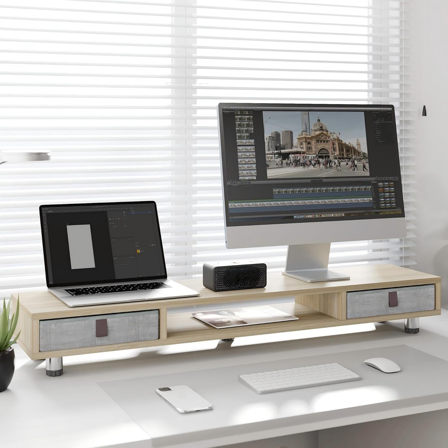 image:imageFenge Monitor Stand Dual Monitor Stand with 2 Drawers Monitor Riser for 2 Monitors Adjustable Height Computer Stand Office Monitor Stands for Desk Laptop PC TV PrinterOak