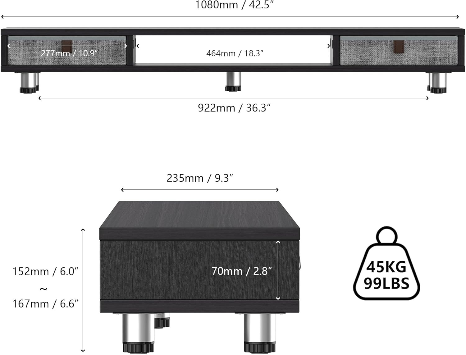 image:imageFenge Monitor Stand Dual Monitor Stand with 2 Drawers Monitor Riser for 2 Monitors Adjustable Height Computer Stand Office Monitor Stands for Desk Laptop PC TV PrinterBlack