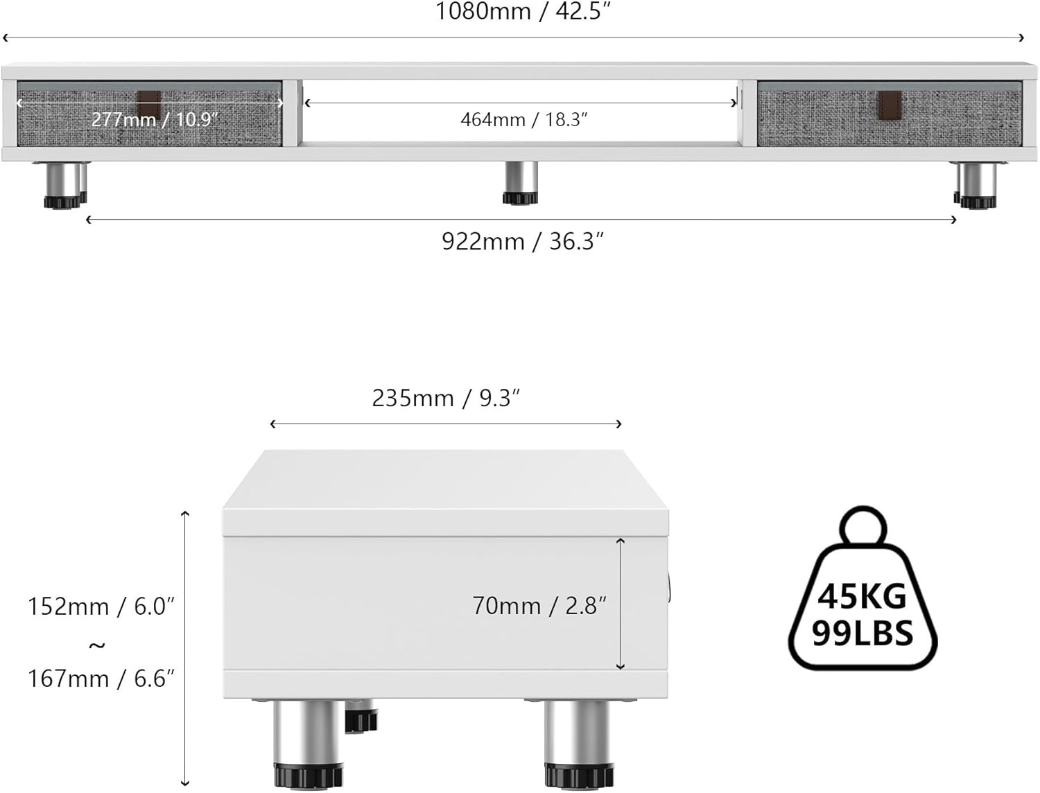 image:imageFenge Monitor Stand Dual Monitor Stand with 2 Drawers Monitor Riser for 2 Monitors Adjustable Height Computer Stand Office Monitor Stands for Desk Laptop PC TV PrinterWhite
