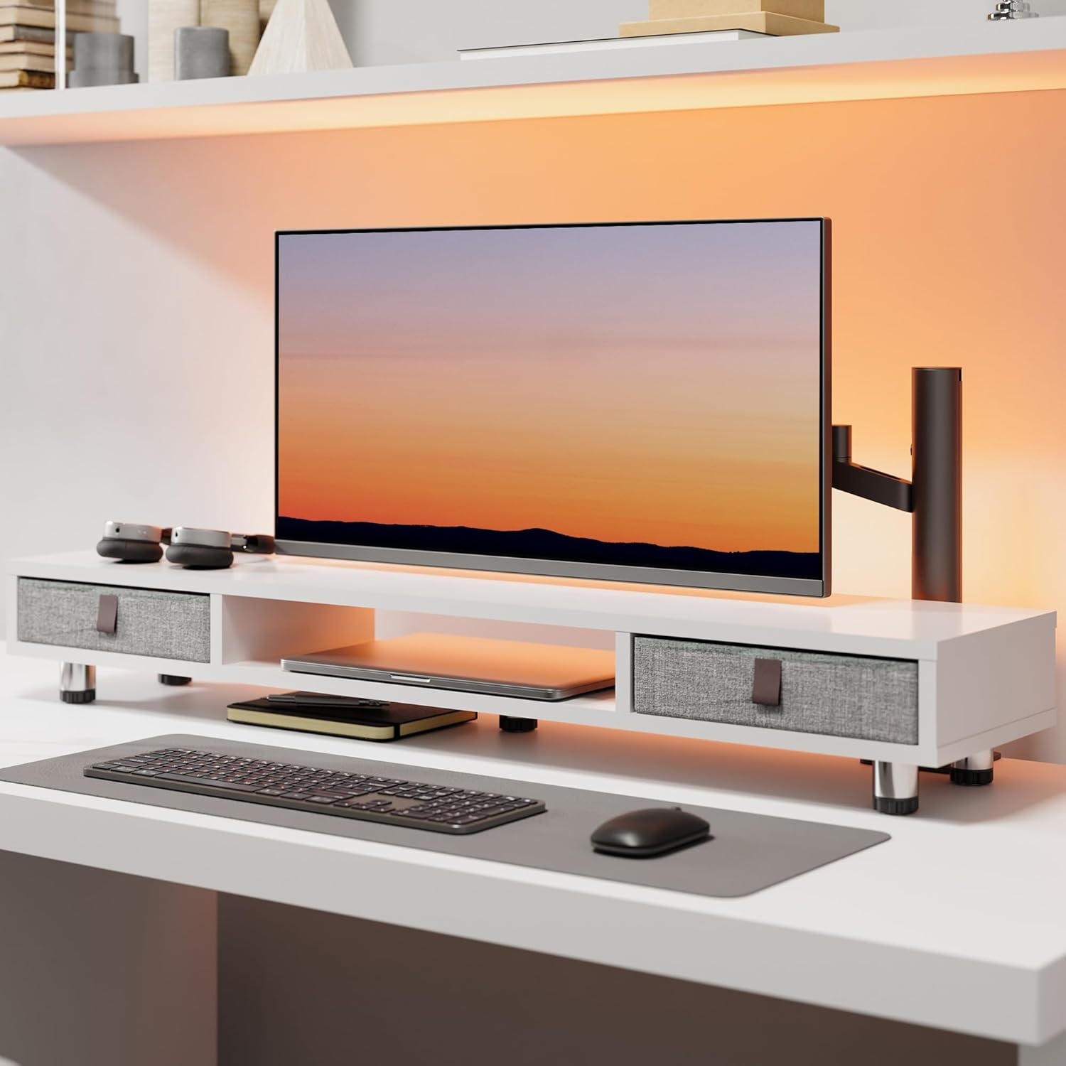 image:imageFenge Monitor Stand Dual Monitor Stand with 2 Drawers Monitor Riser for 2 Monitors Adjustable Height Computer Stand Office Monitor Stands for Desk Laptop PC TV PrinterWhite