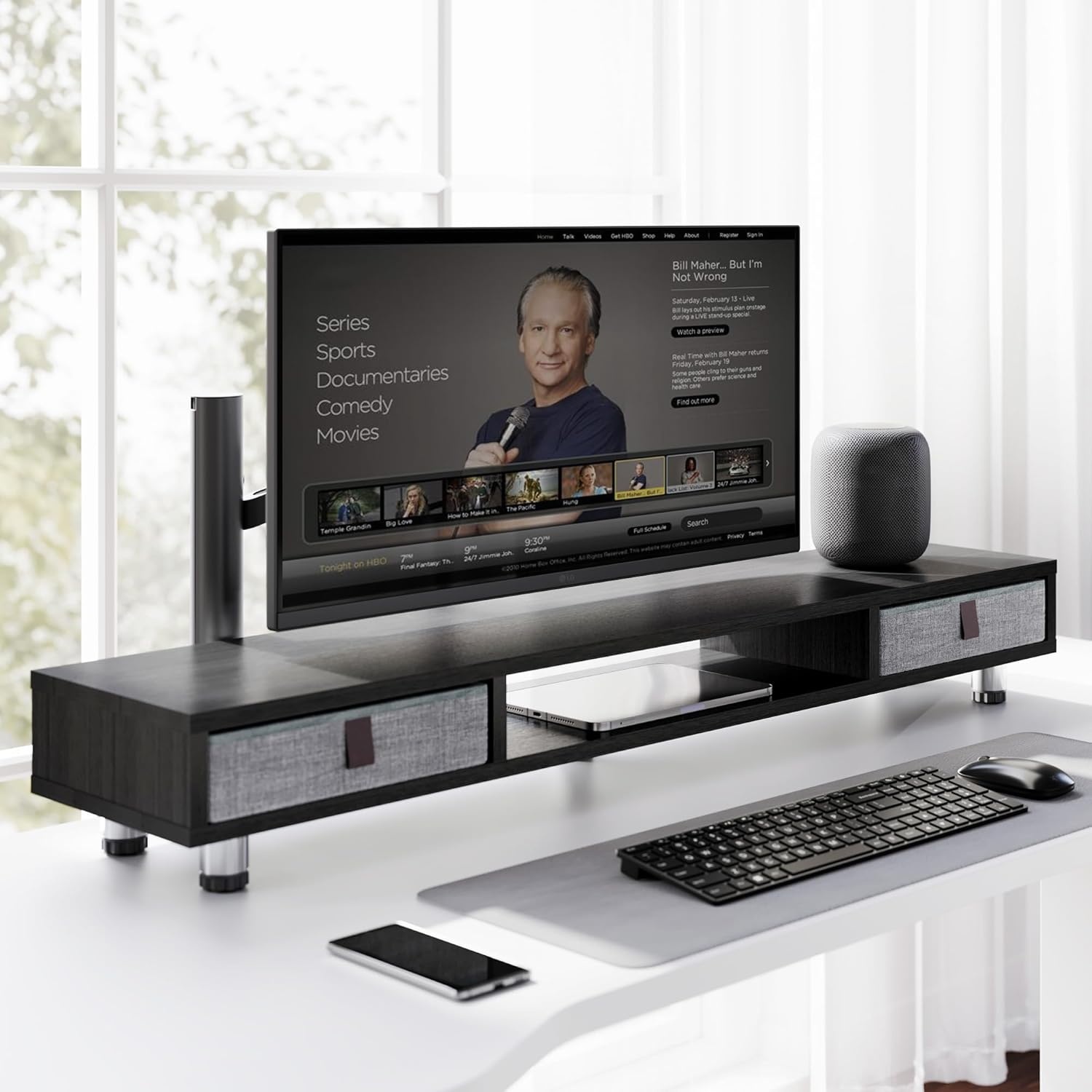 image:imageFenge Monitor Stand Dual Monitor Stand with 2 Drawers Monitor Riser for 2 Monitors Adjustable Height Computer Stand Office Monitor Stands for Desk Laptop PC TV PrinterBlack