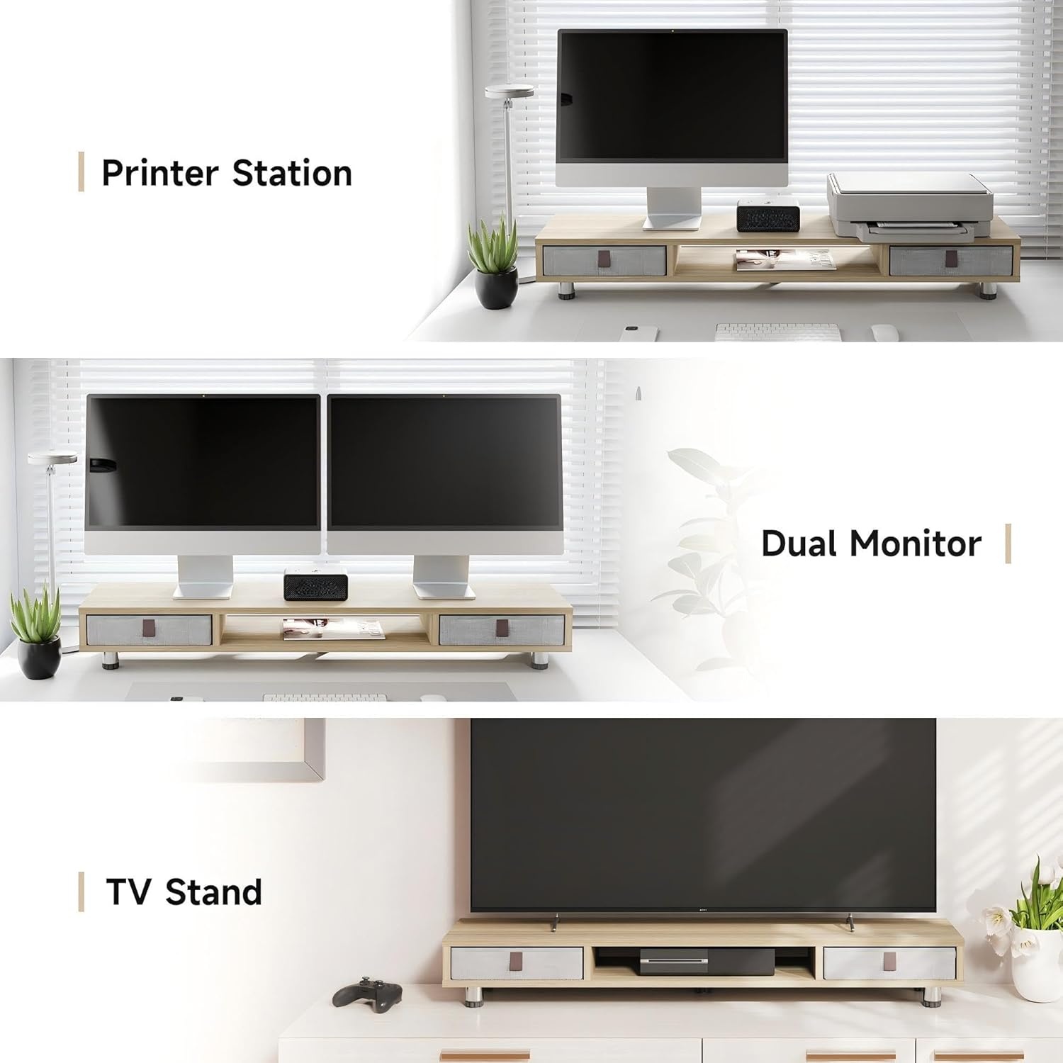 image:imageFenge Monitor Stand Dual Monitor Stand with 2 Drawers Monitor Riser for 2 Monitors Adjustable Height Computer Stand Office Monitor Stands for Desk Laptop PC TV PrinterOak