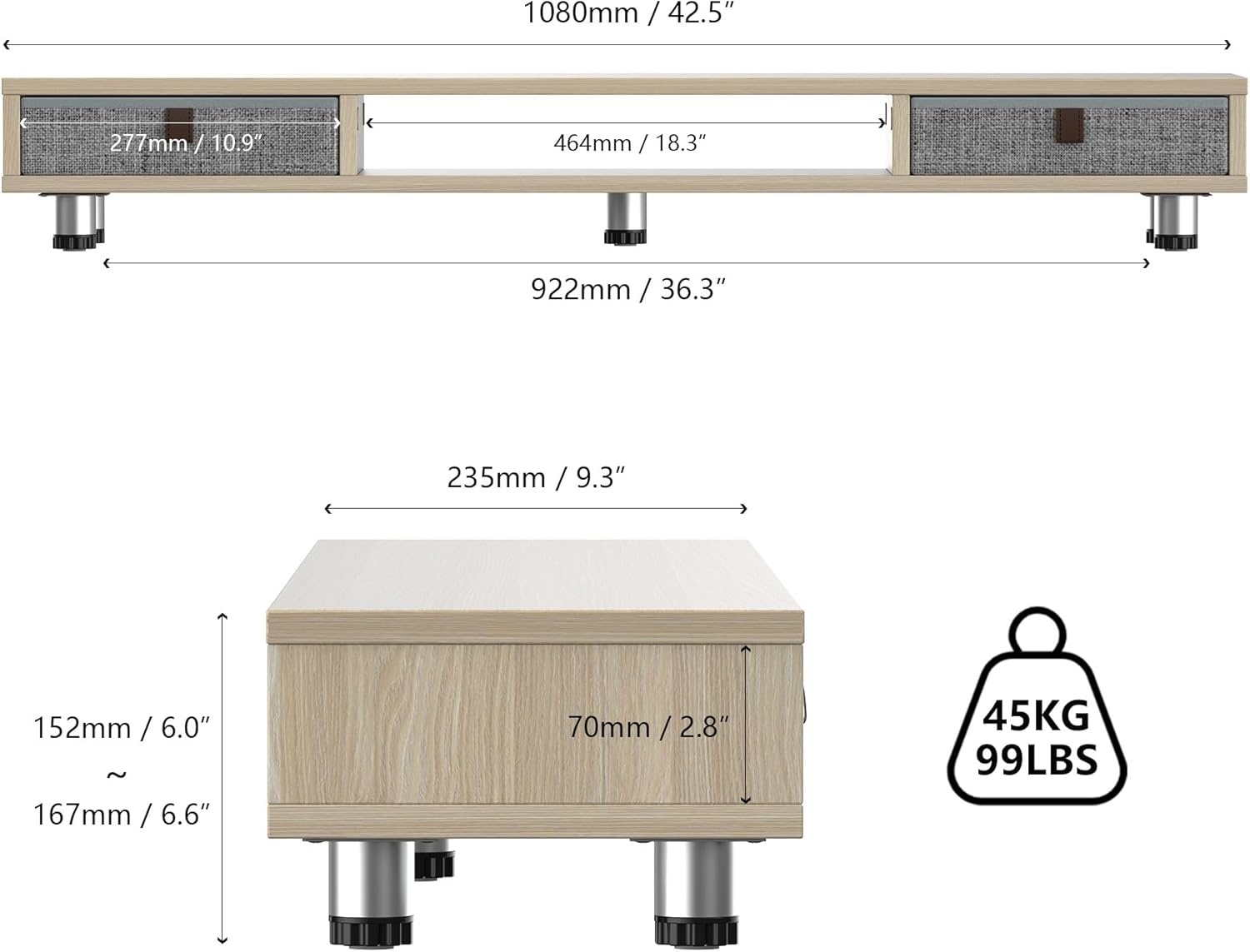 image:imageFenge Monitor Stand Dual Monitor Stand with 2 Drawers Monitor Riser for 2 Monitors Adjustable Height Computer Stand Office Monitor Stands for Desk Laptop PC TV PrinterOak