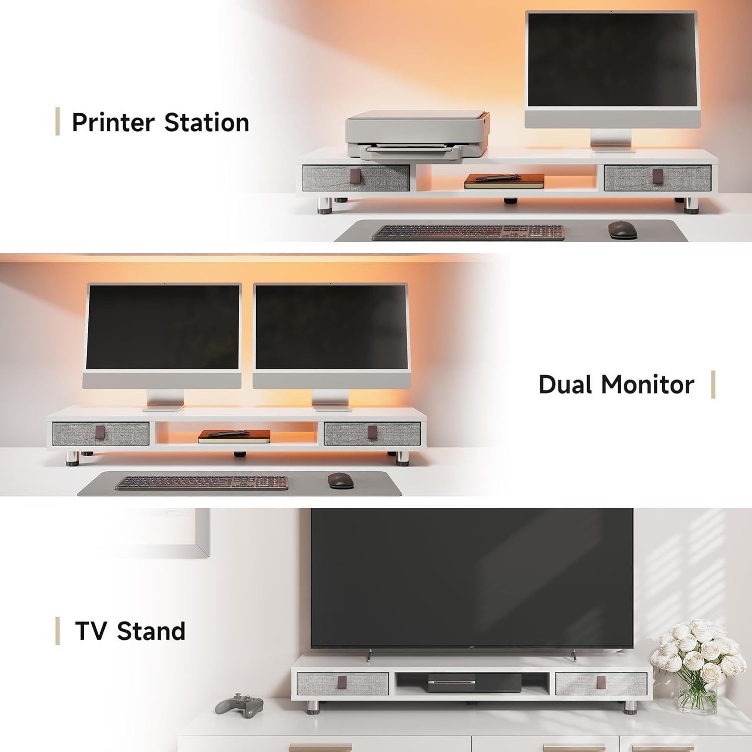 image:imageFenge Monitor Stand Dual Monitor Stand with 2 Drawers Monitor Riser for 2 Monitors Adjustable Height Computer Stand Office Monitor Stands for Desk Laptop PC TV PrinterWhite