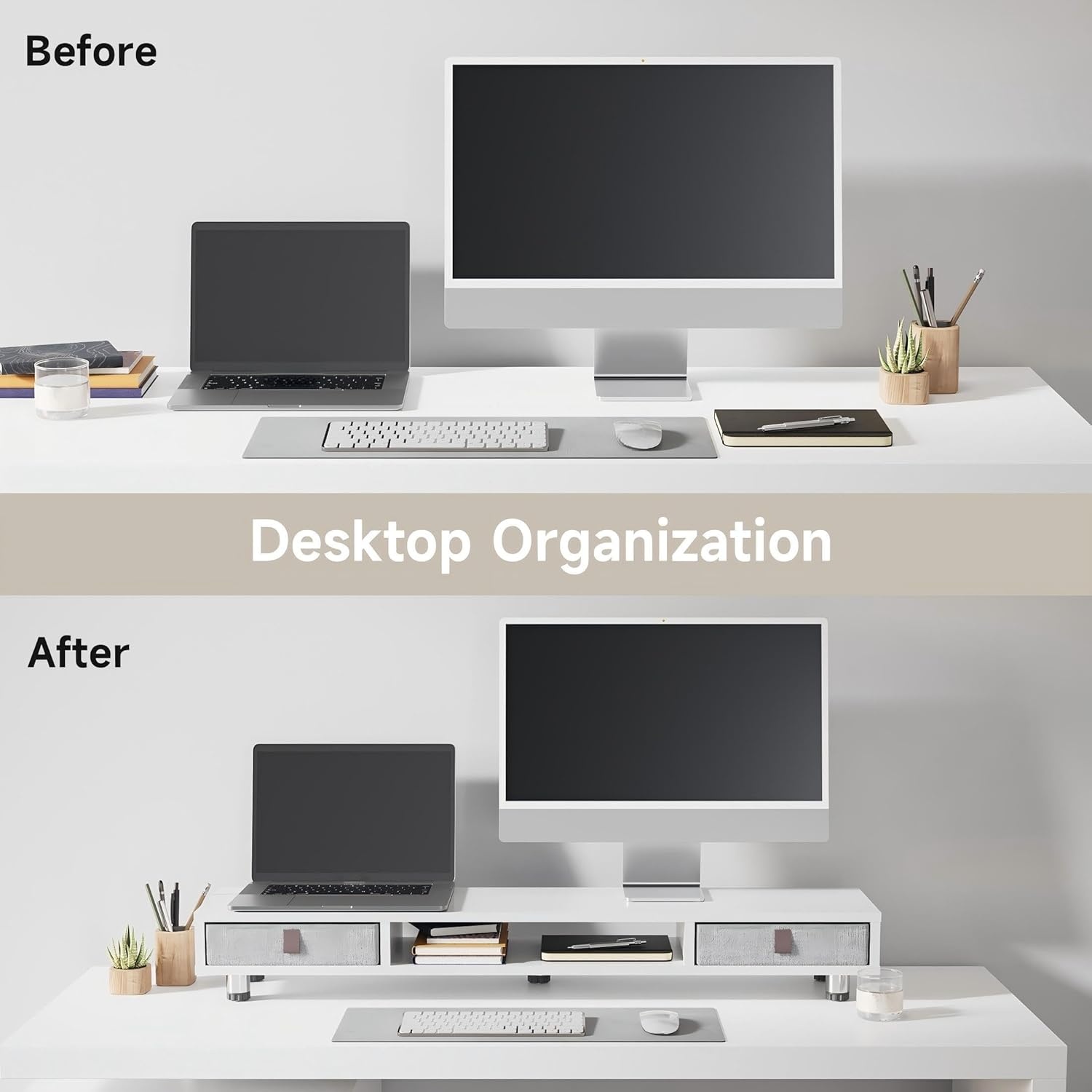 image:imageFenge Monitor Stand Dual Monitor Stand with 2 Drawers Monitor Riser for 2 Monitors Adjustable Height Computer Stand Office Monitor Stands for Desk Laptop PC TV PrinterWhite
