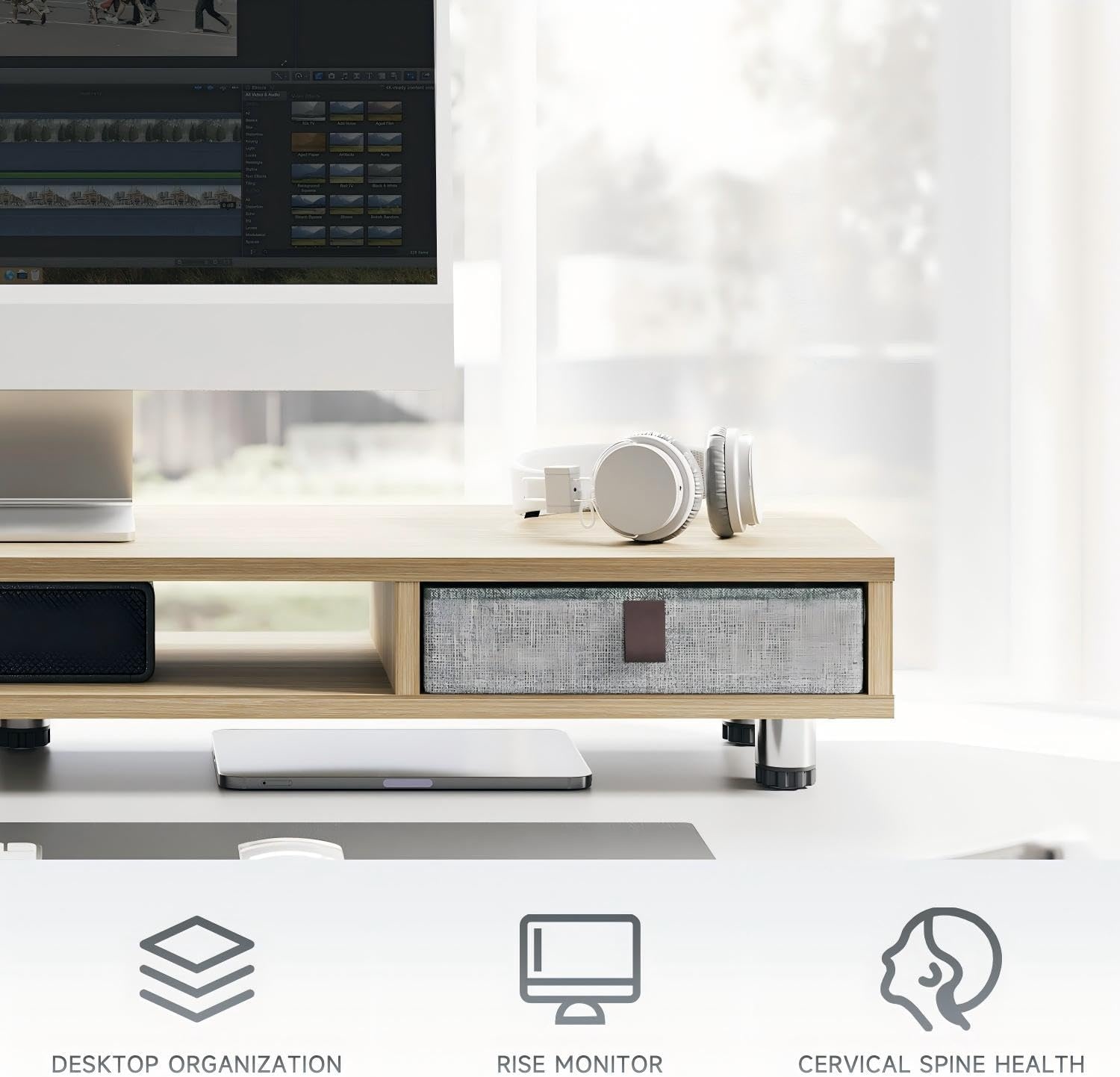 image:imageFenge Monitor Stand Dual Monitor Stand with 2 Drawers Monitor Riser for 2 Monitors Adjustable Height Computer Stand Office Monitor Stands for Desk Laptop PC TV PrinterOak