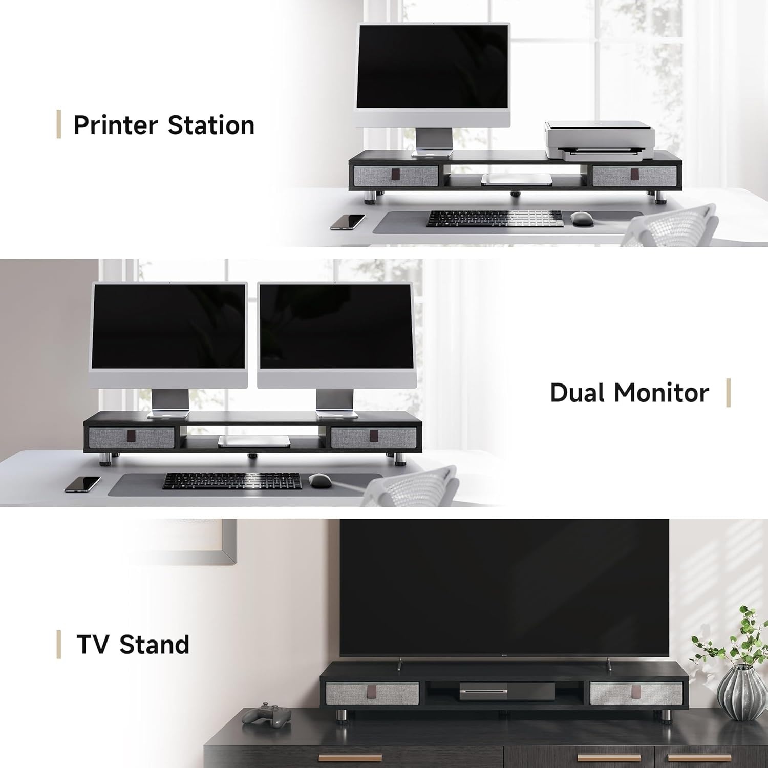 image:imageFenge Monitor Stand Dual Monitor Stand with 2 Drawers Monitor Riser for 2 Monitors Adjustable Height Computer Stand Office Monitor Stands for Desk Laptop PC TV PrinterBlack
