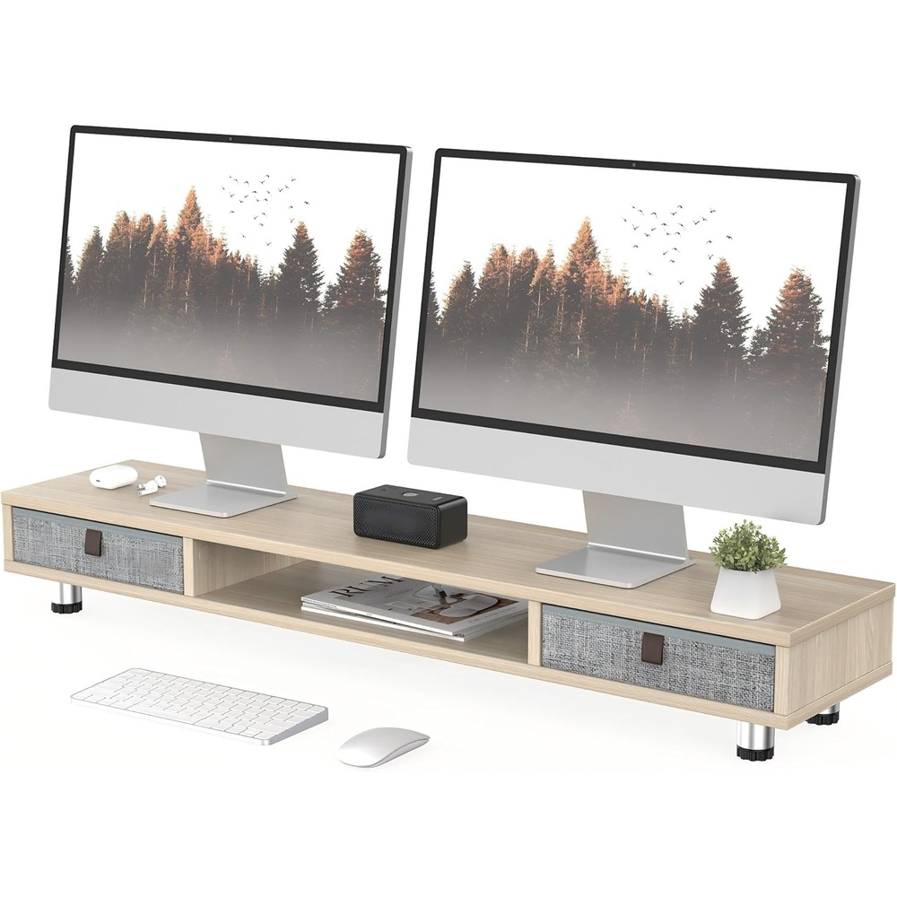 image:imageFenge Monitor Stand Dual Monitor Stand with 2 Drawers Monitor Riser for 2 Monitors Adjustable Height Computer Stand Office Monitor Stands for Desk Laptop PC TV PrinterOak