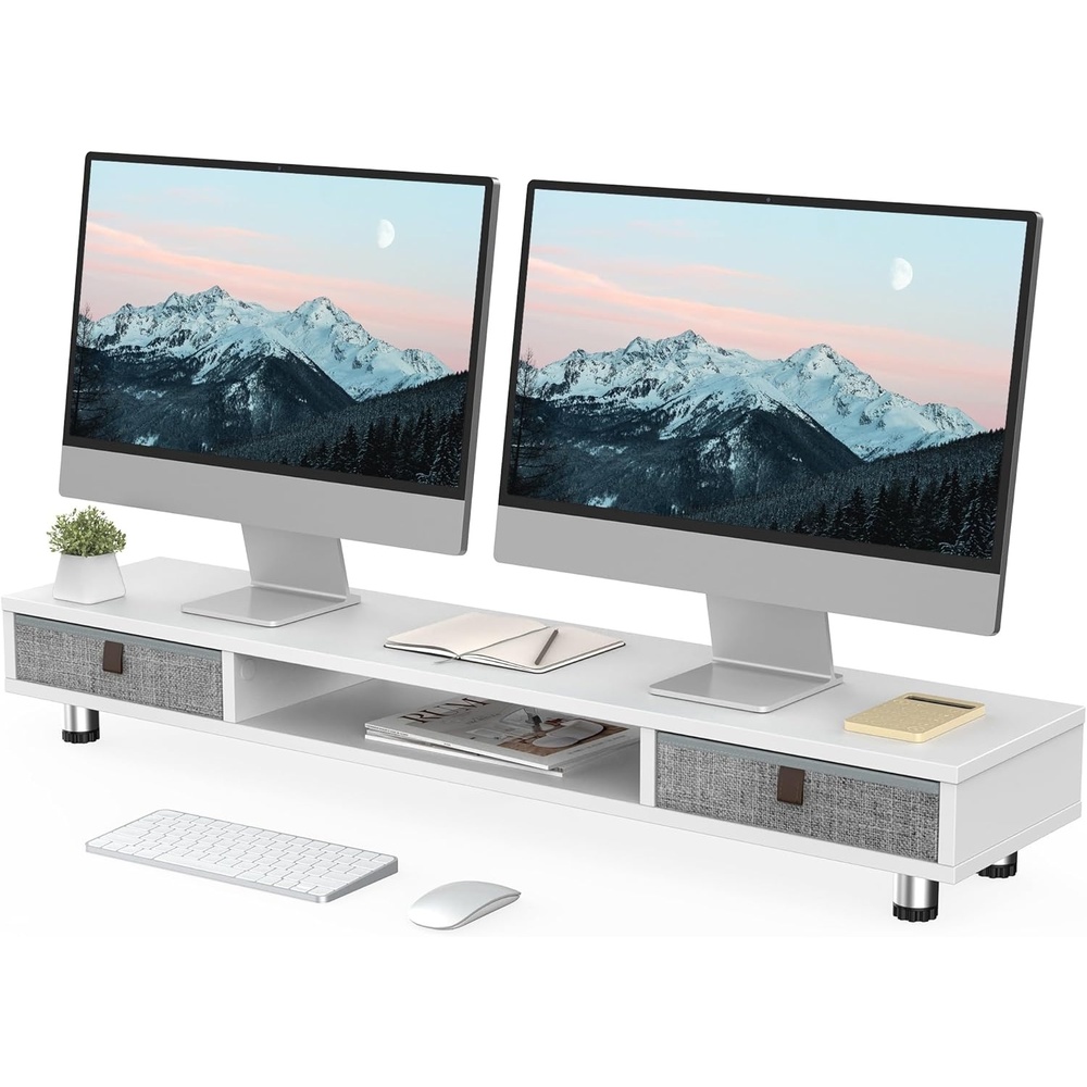 image:imageFenge Monitor Stand Dual Monitor Stand with 2 Drawers Monitor Riser for 2 Monitors Adjustable Height Computer Stand Office Monitor Stands for Desk Laptop PC TV PrinterWhite