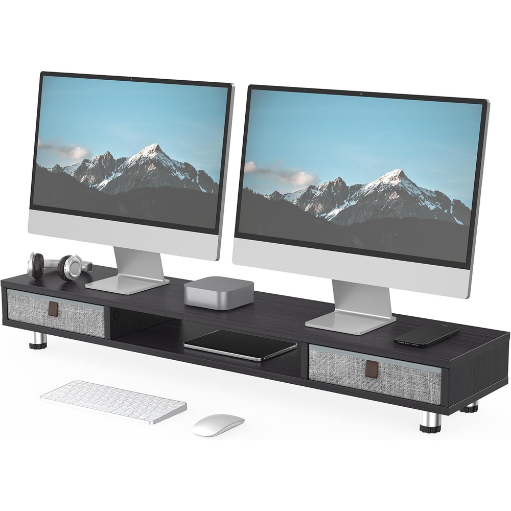 image:imageFenge Monitor Stand Dual Monitor Stand with 2 Drawers Monitor Riser for 2 Monitors Adjustable Height Computer Stand Office Monitor Stands for Desk Laptop PC TV PrinterBlack