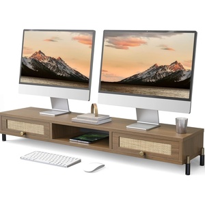 image:imageFenge Dual Monitor Stand for Desk  Long Wooden Riser With Rattan Woven Drawer 2 Tier Desk Shelf for 2 Monitors Vintage Computer Stand for Laptop Printer TVBrown